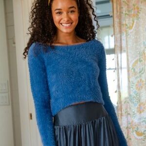 Natural Life Fuzzy Cropped Eyelash Sweater Blue Soft Cozy Y2K Womens XL Kawaii